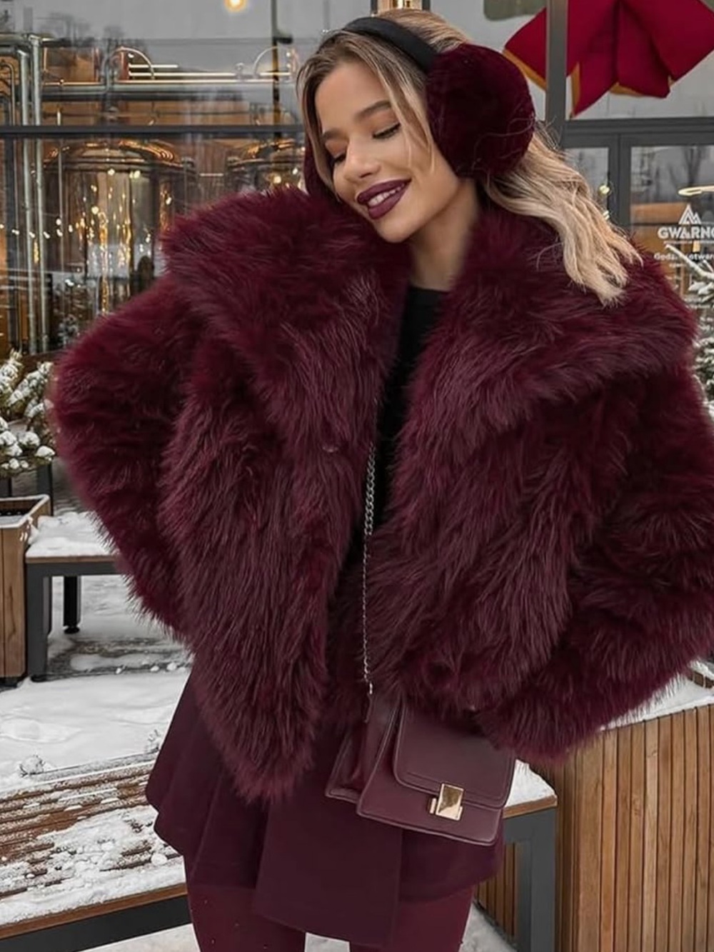 Womens Burgundy Faux Fur Shaggy Coat with matching ear muffs
